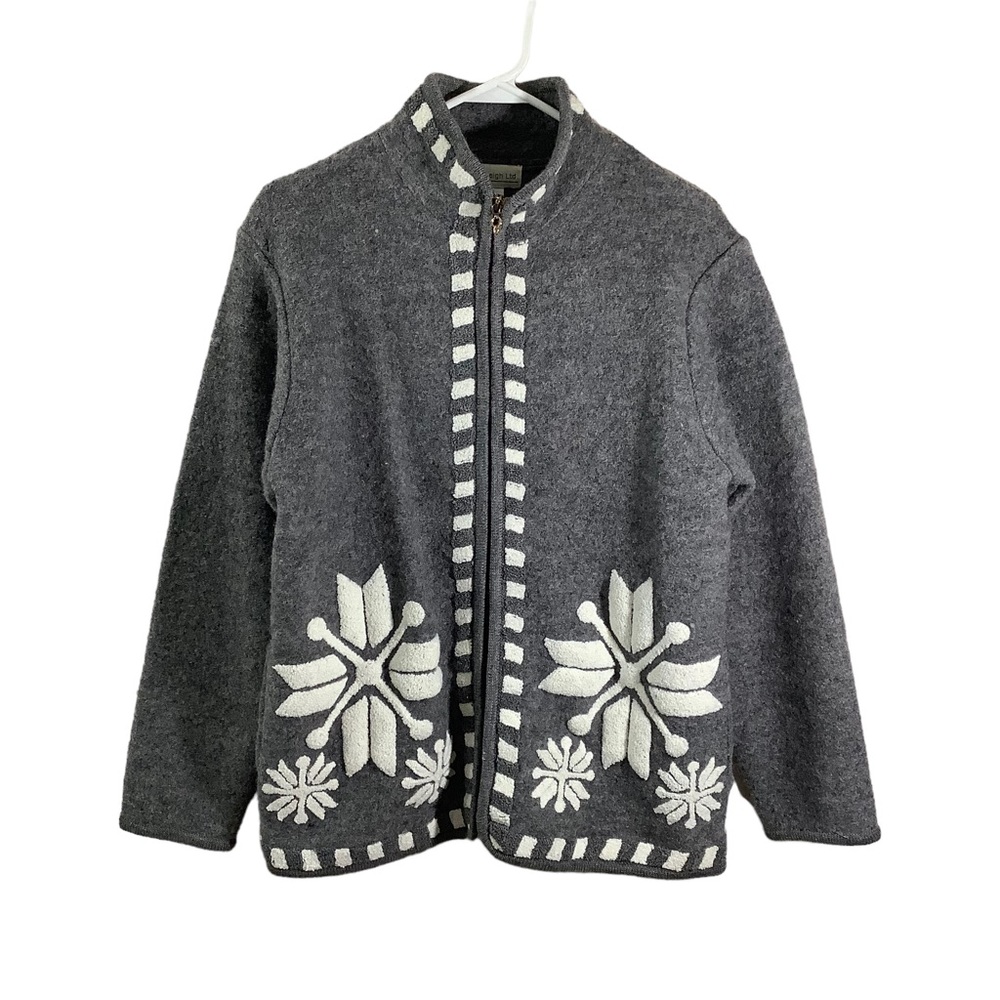 Laura Leigh Ltd. Grey Boiled Wool Zip Up Sweater Snowflakes